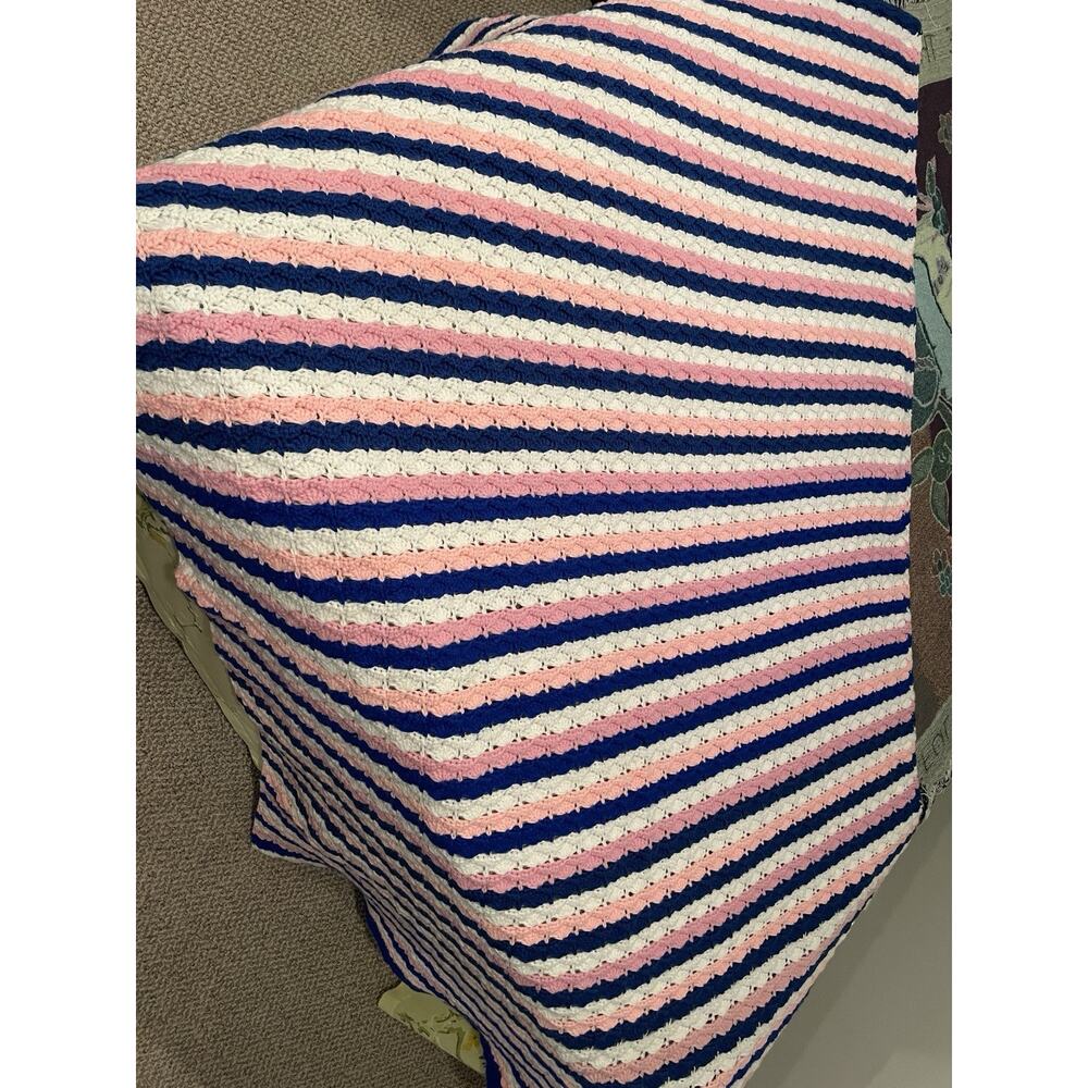 Homemade Crochet Afghan Blanket Throw Blue Pink White